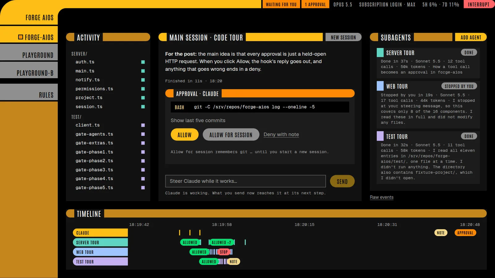 An approval card in the Forge AIOS chat asking to run git log, with Allow, Allow for session and Deny with note