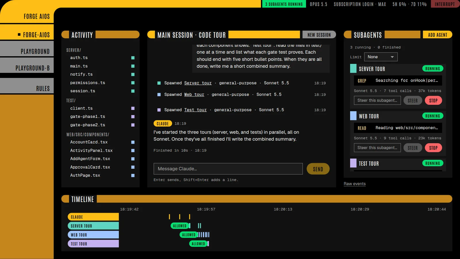 The Forge AIOS cockpit: the main Claude session in the middle, three subagents working on the right, the files each one touched on the left and a timeline lane per agent below