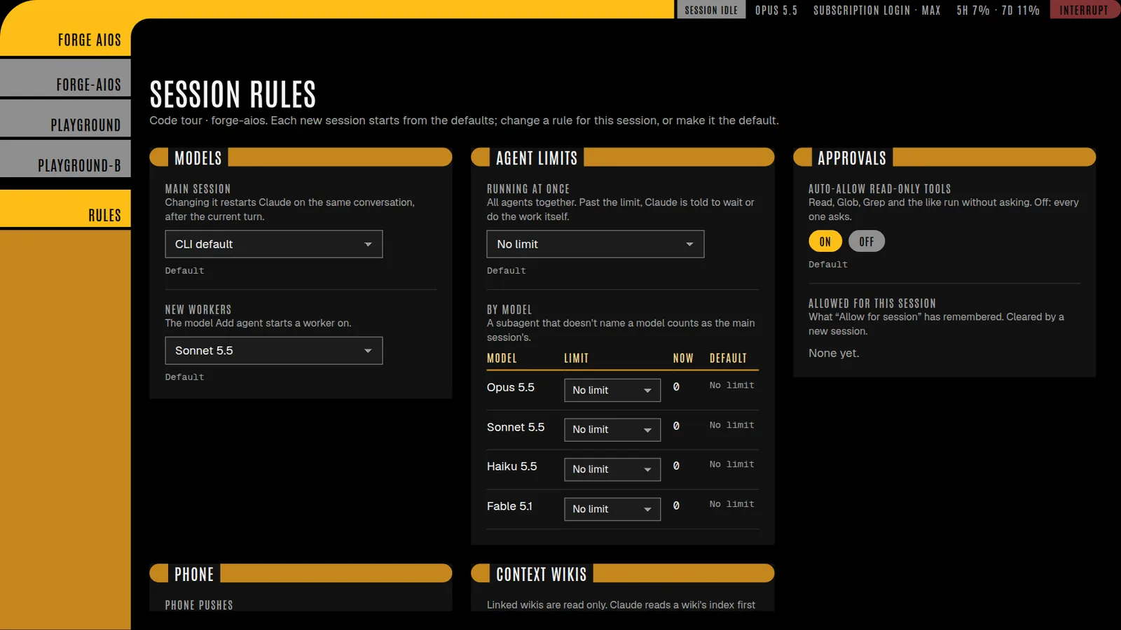 The Forge AIOS session rules page: models, agent limits overall and by model, approvals and phone settings