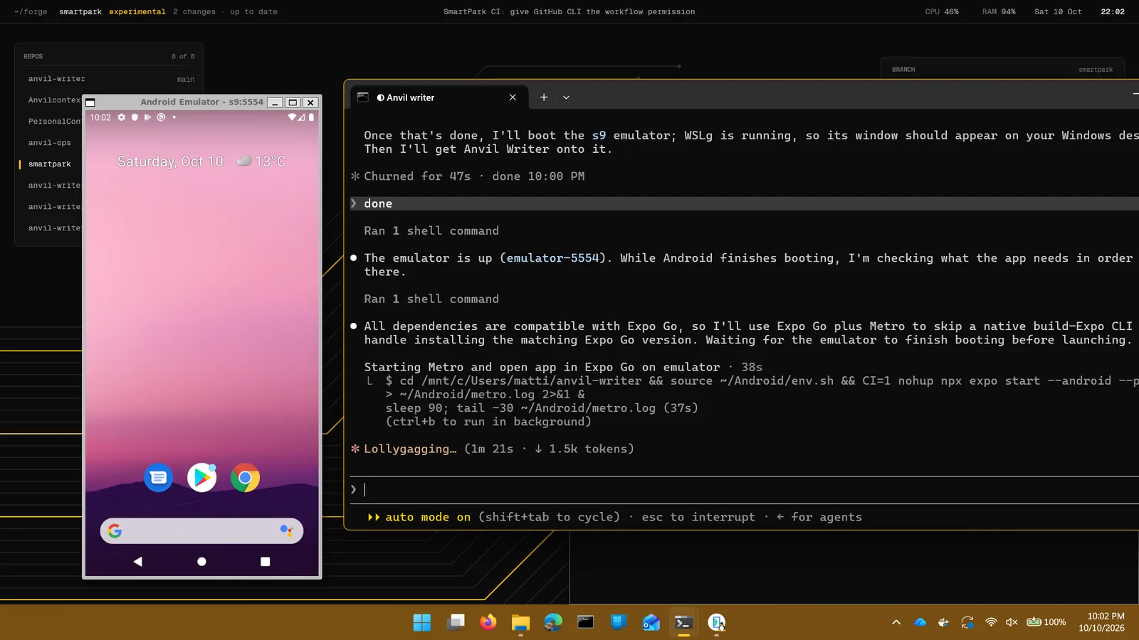 The Android emulator booting next to a Claude Code session, with the system RAM meter at 94 percent