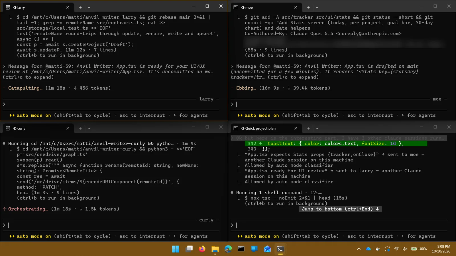 Four Claude Code terminals side by side: larry, moe, curly and the lead session, each working on a part of Anvil Writer