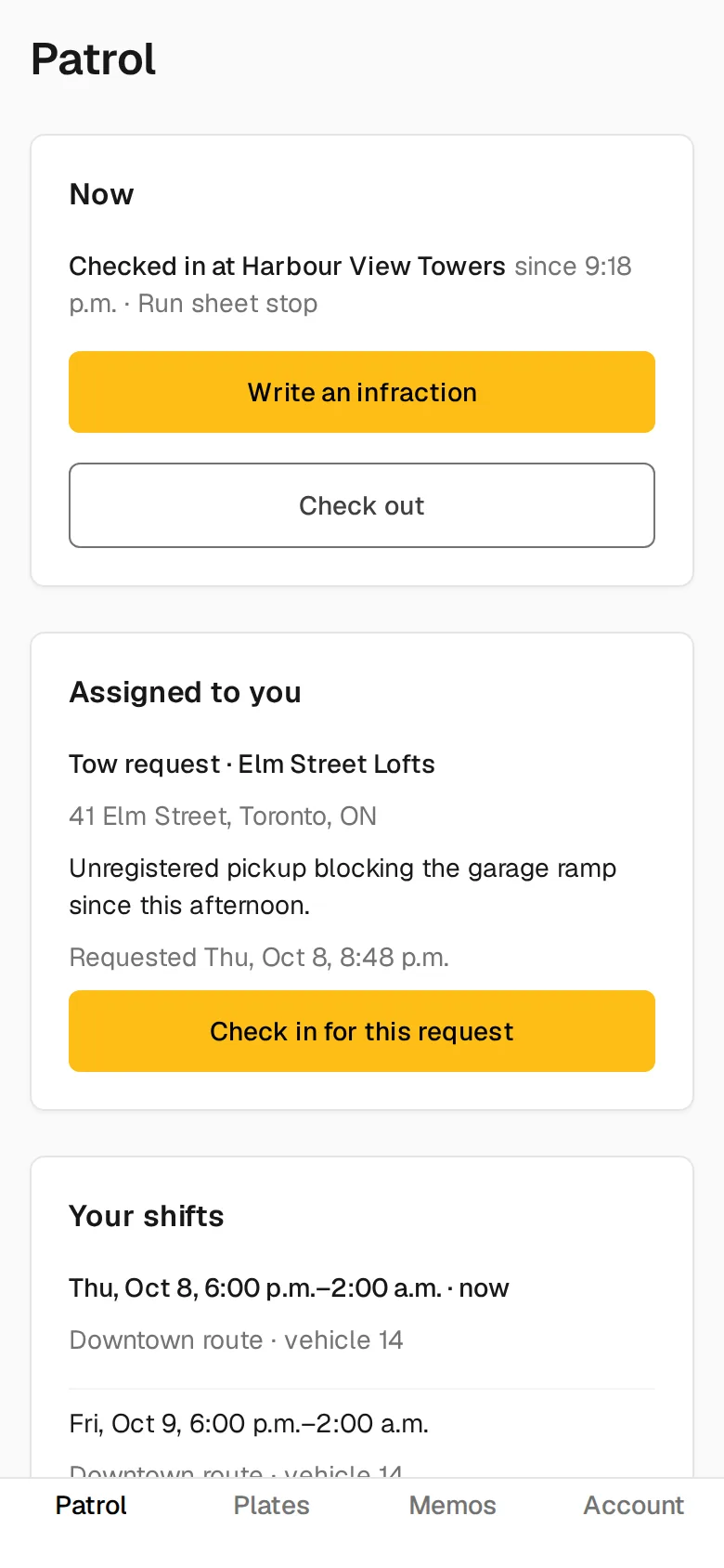 The SmartPark app's Patrol screen: an officer checked in at a property, with buttons to write an infraction or check out, and an assigned tow request.
